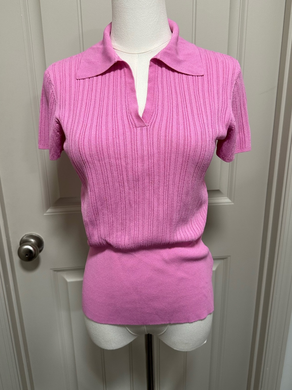 Worthington Pink Ribbed Short-Sleeve Polo Knit Top